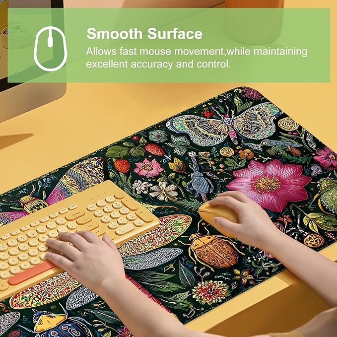 Desk Mat, XXL Extended Gaming Pad for Desktop, 35x16 Inches Butterflies and Dragonflies Garden Scene, Large Non-Slip Vegan Leather Keyboard Mouse Mat for Home Office