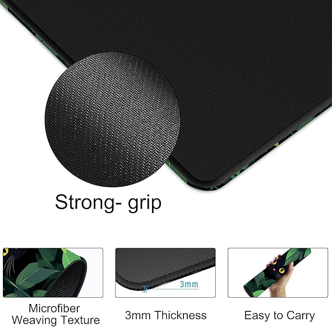 Large Mouse Pad 35.4x15.7 Inch Black Cat Hides Among The Green Leaves Gaming Desk Mat with Non-Slip Rubber Base, Stitched Edges for Gaming,Office