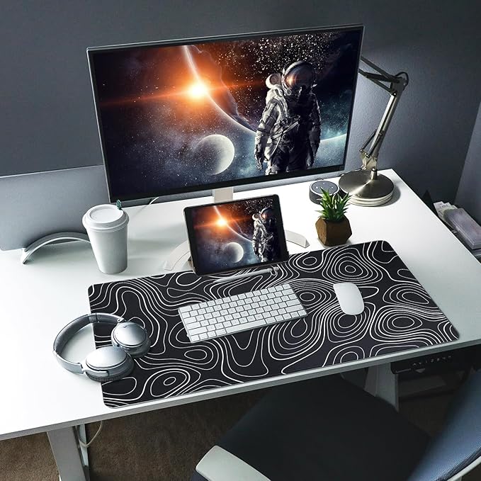 Bloss XL Topographic Mouse Pad Long Desk Mat, Black Mouse Keyboard Pad, Desk Pad, Large Gaming Mouse Mat Non-Slip Rubber (31.5 x 15.7 x 0.12 Inches)