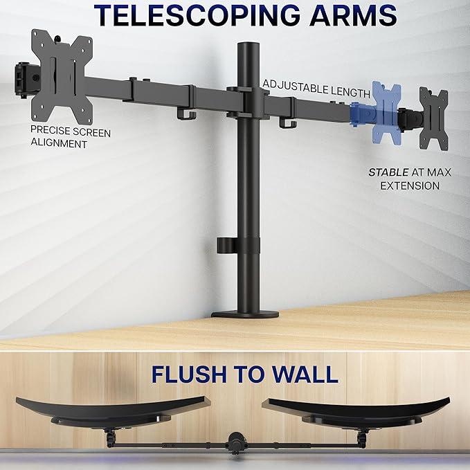 VIVO Premium Dual Ultra Wide LCD LED 27 to 38 inch Monitor Desk Mount, Heavy Duty, Adjustable Telescoping Arms, Flush Wall Setup, Fits 2 Screens, Black, STAND-TS38C