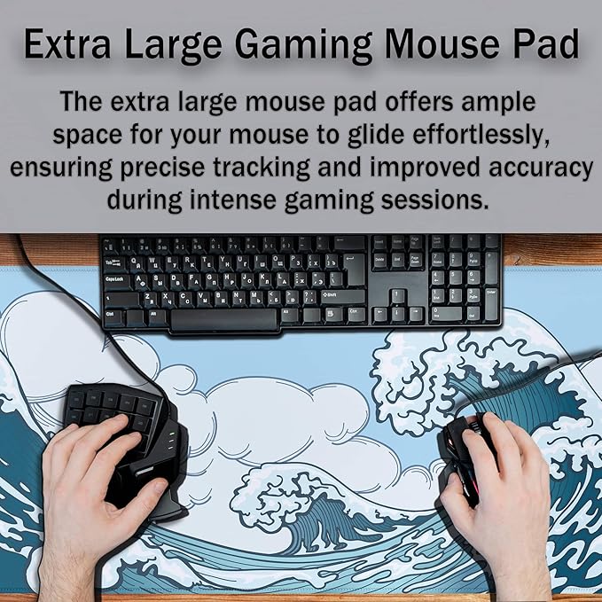 Big Mouse Pad Blue and White, Great Wave Desk Mouse Pads Office Desk Pads, Extra Large Gaming Mouse Pad Non-Slip Rubber Base Waterproof with Stitched Edges, 35.4 X 15.7 inch Japanese Wave
