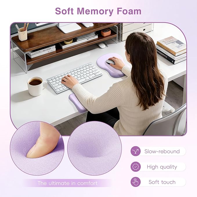 Ospelelf Mouse Pad with Wrist Rest Set Foam L-Shaped Desk Elbow Pad Ergonomic Desk Edge Cushion Anti-Slip Rubber Bottom Office Women Desk Accessories for Computer, Laptop and Gaming, Purple
