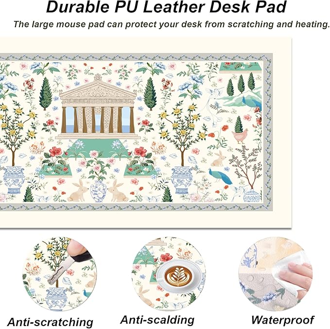 Desk Pad, ZAXOXAZ PU Leather Desk Protector, 31.5" x 15.7" XXL Large Extended Mouse Pad, Floral Desk Mat, Big Desk Blotter, Waterproof Desk Writing Pad for Office and Home (Flowers Garden)