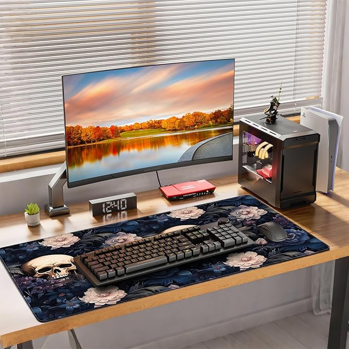 XXL Gaming Mouse Pad, Skull Rose Floral Design, 35.4 x 15.7 Inches, Non-Slip Rubber Base, Microfiber Cloth, Extended Rectangular Desk Mat