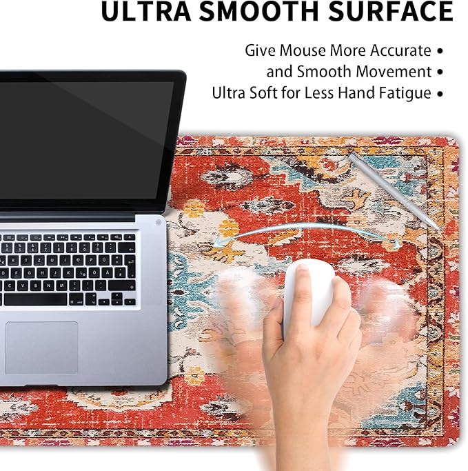 Vintage Rug Mouse Pad XXL Red Orange Retro Carpet Aesthetic Extended Table Mat 90X40 cm Non-Slip Rubber Base Stitched Edge Large Mousepad for Gaming Laptop Computer Desk Top 35.4×15.7 Inch