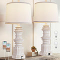 QiMH Table Lamps for Nightstand Set of 2, Bedside Lamp with Dual USB Charging Ports, Farmhouse Decor Table Lamps with White Linen Lampshade for Living Room, Bedroom Lamps with LED Bulbs, White