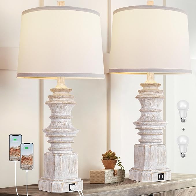 QiMH Table Lamps for Nightstand Set of 2, Bedside Lamp with Dual USB Charging Ports, Farmhouse Decor Table Lamps with White Linen Lampshade for Living Room, Bedroom Lamps with LED Bulbs, White