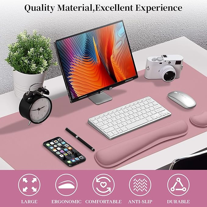 Mouse Pad and Keyboard Wrist Rest, 3-in-1 Large Keyboard and Mouse Pad Set, Ergonomic Wrist Rest for Computer Keyboards, Non-Slip Desk Mat Protector for Women (Purple Pink, 35.4" X 16.9")