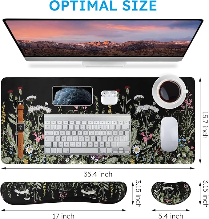 iCasso Large Mouse Pad for Desk, Computer Desk Mat, 3Pcs XXL Keyboard and Mouse Pad + Keyboard Wrist Rest, Desk Matt for Desktop, Easy Typing & Comfort Ultra Thick Mousepad Keyboard Mat (Weeds)