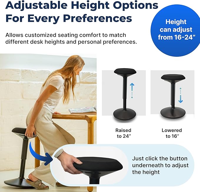 Standing Desk Stool Chair, Height Adjustable Stool 16-24 inch for Office and Classroom, Swivel seat, Anti-Slip Bottom Ergonomic Wobble Stool with Rocking Motion, Black