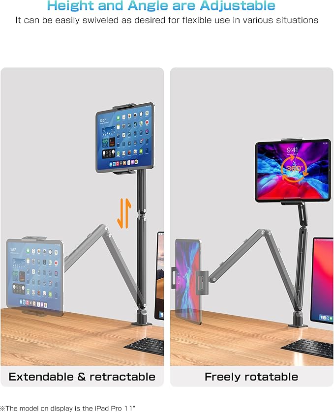 Tablet Arm Stand for Desk, Portable Monitor Stand Holder 15.6'',17.3'', Aluminum Alloy Foldable Arm Mount with 360° Rotating Desk Mount Compatible with 4.7-17.3inch Tablet, Cell Phone (Black)