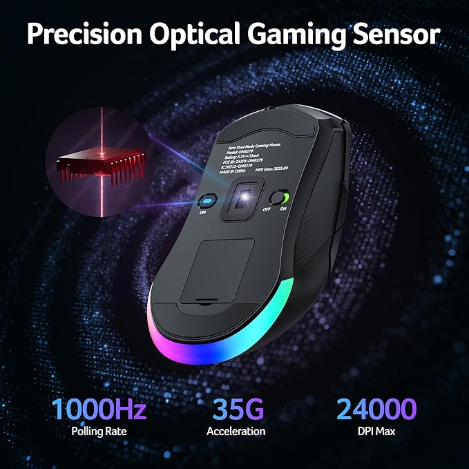 acer Wireless Gaming Mouse for Laptop, 24,000 DPI Wired Computer Mouse with 8 Programmable Buttons, Left & Right Hand, Rechargable Gaming Mice, Long Battery Life, RGB Lighting Gamer for PC, Desktop