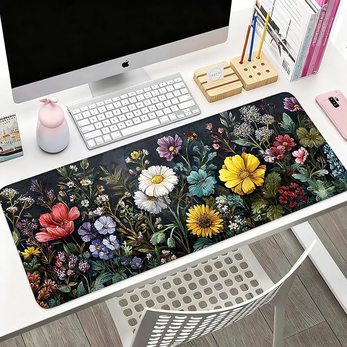 Desk Mat, XXL Extended Gaming Pad for Desktop, 31x12 Inches Vibrant Floral Bouquet, Large Non-Slip Vegan Leather Keyboard Mouse Mat for Home Office