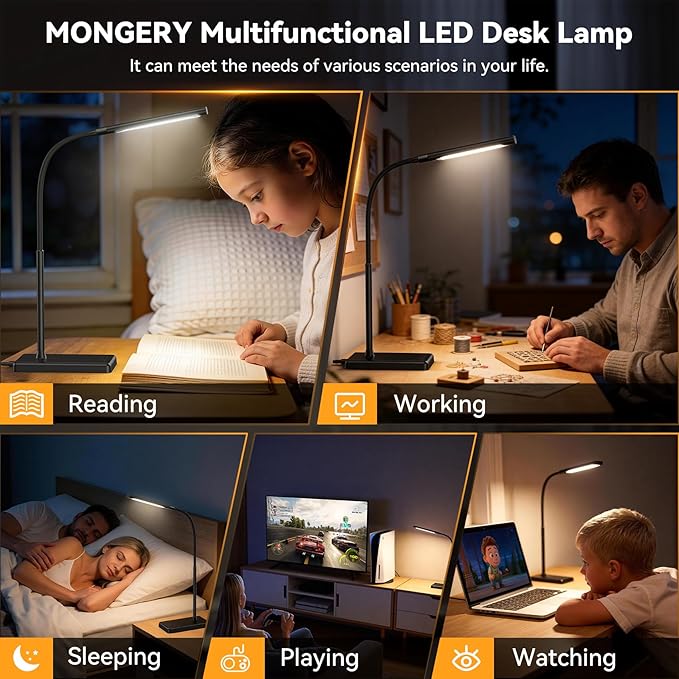 LED Desk Lamp Touch Control Desk Lamp with USB Charging Port 5 Color Modes 6 Brightness Levels Dimmable Eye-Caring Office Lamp with Memory Function 1h Timer Adjustable Neck Table Lamp