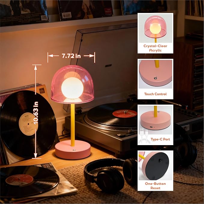 Cordless Touch Lamp Battery Powered, Rechargeable Table Lamp Dimmable, Coffee Table Small Lamps IP44, LED Wireless Desk Light for Girls Bedroom Playroom Nightstand, 7.7" W X 10.6" H (Pink)