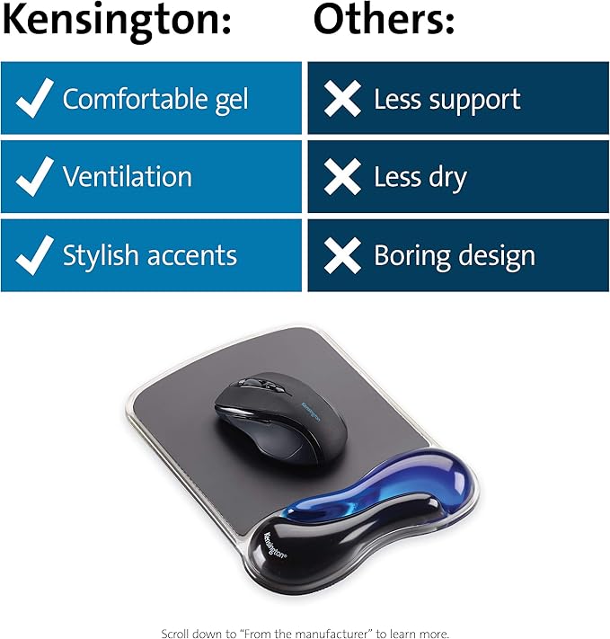 Kensington Duo Gel Mouse Pad with Wrist Rest,Ergonomic Wrist Support,Comfortable Non-Skid Gel Pad for Computer,Laptop,Office & Home 9.6" x 7.6",Blue K62401AM,(Pack of 4)