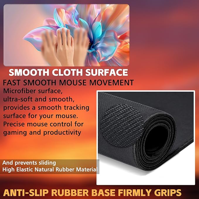 Large Gaming Mouse Pad, Elegant Luxury Colorful Flowers Desk Mat, Holographic Hues Abstract Bloom Desk Pad, 31.5"x15.7" Extended Big Mouse Pad with Non-Slip Base and Stitched Edge