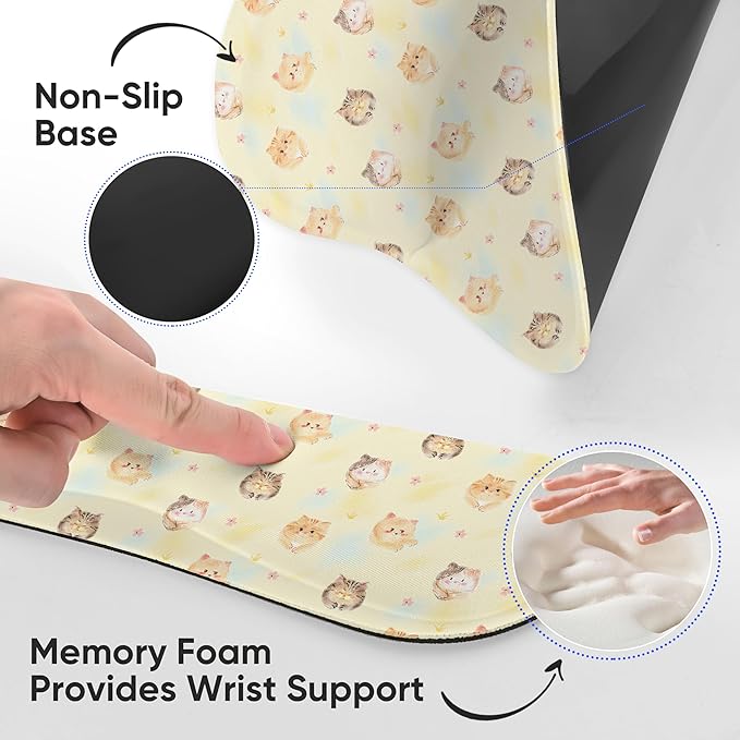 Wrist Rest Support for Mouse Pad Keyboard Set Circle Coaster Gaming Mouse Pad Ergonomic Gel Memory Foam Set for Computer, Laptop, Office, Comfortably Typing Cat KM-35