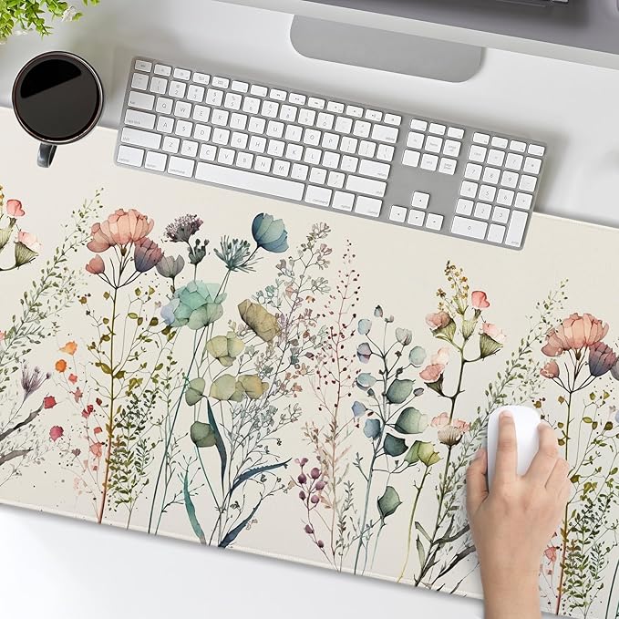Cute Wild Flowers Mouse Pad XXL Boho Aesthetic Floral Chic Plant Extended Table Mat 90X40 cm Non-Slip Rubber Base Stitched Edge Large Mousepad for Gaming Laptop Computer Desk Top 35.4×15.7 Inch