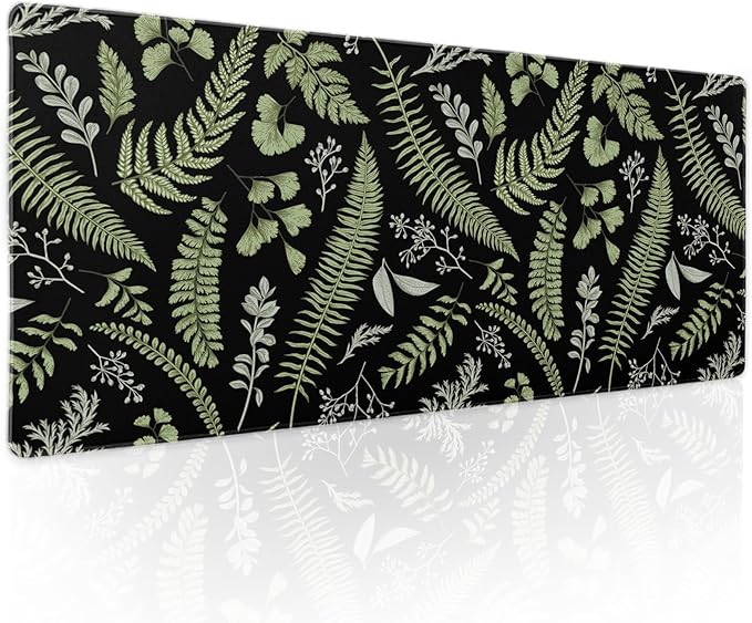 Black Green Plant Flowers Mouse Pad XL Tropical Fern Botanical Leaves Extended Desk Mat 80X30cm Non-Slip Rubber Base Stitched Edge Large XL Mousepad for Desk Gaming Laptop Desktop,31.5×11.8 Inch