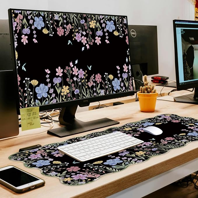 L-SPOUTTO Floral Mouse Pad,Botanical Desk Mat XXL Large Scalloped Black Gaming Mousepad,35.4x15.7in Non-Slip Rubber Base Keyboard Pad Waterproof Desktop Mat for Laptop Computer Game Home Office-Flower