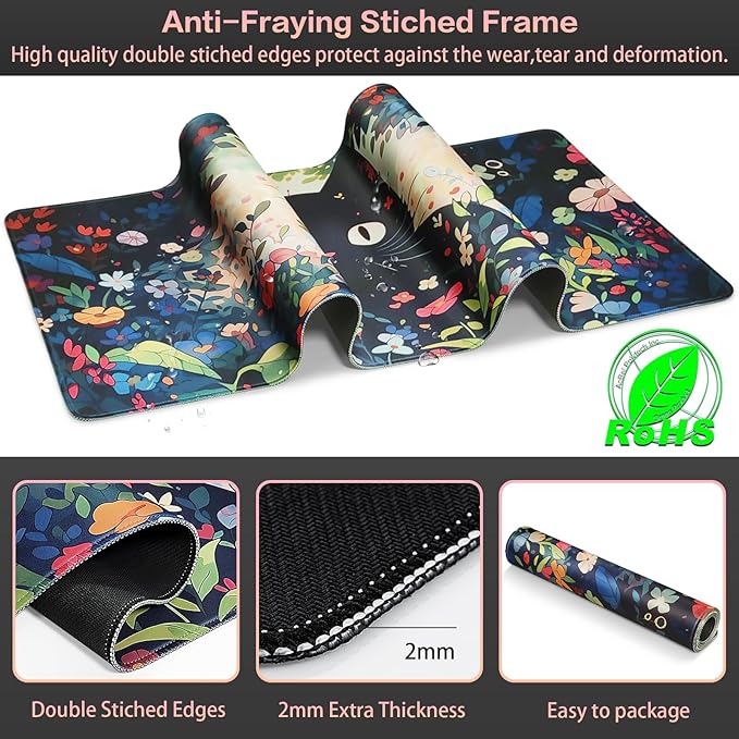 Canjoy Cute Black Cats Anime Mouse pad, 31.5x15.7inch Kawaii Computer Keyboard Mat Extended Large Gaming Mouse Pad with Non-Slip Rubber Base