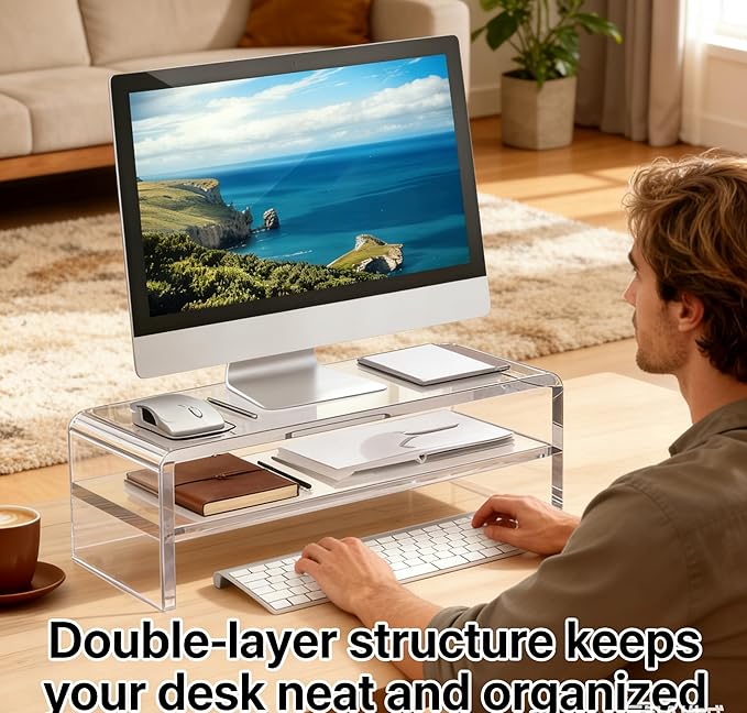 Acrylic Monitor Stand - 16/20 inch 2 Tier Riser for iMac, PC, Desktop, Laptop, TV with Storage Shelf, Home Office Desk Organizer