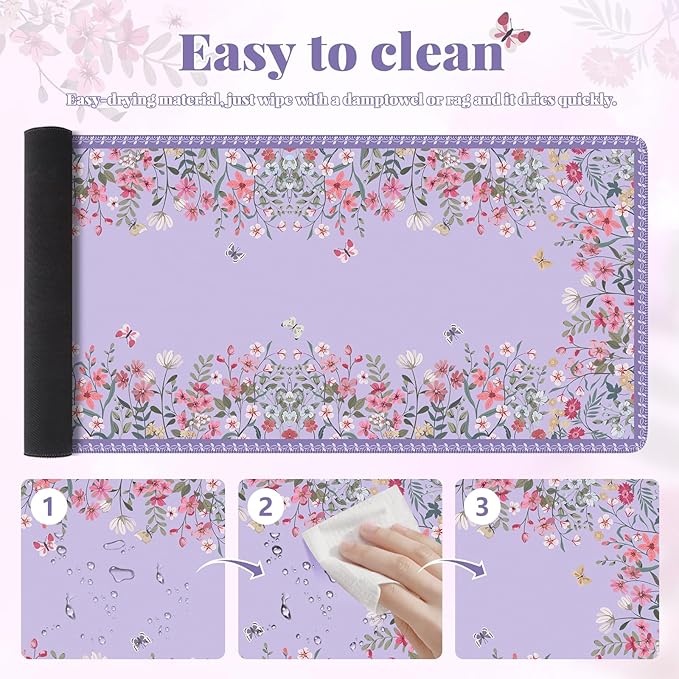 iCasso Desk Mat for Keyboard and Mouse,Cute Desk Pad Large,Anti-Slip Floral Computer Mat for Women,Girly Gaming Mouse Pad for Home Office (Purple)
