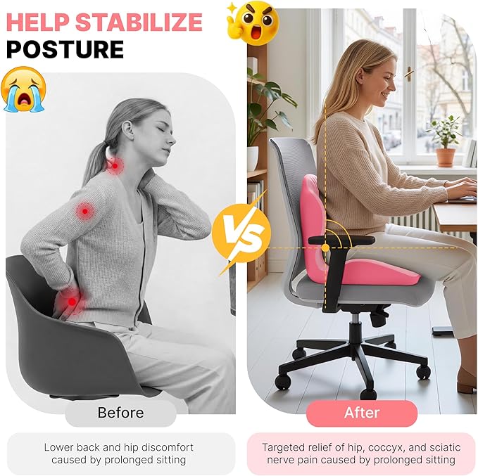 Ergonomic Seat Cushion, Office Chair Seat Cushions with L-Shaped Integrated Design, Memory Foam Orthopedic Cushion with Coccyx Hollow, Lumbar Support & Tailbone Support for Long Sitting (Pink)