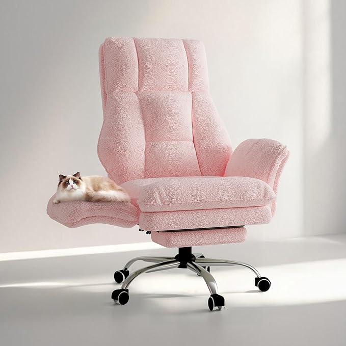 Big and Tall Office Chair, Flip Armrests for Pets & Cross Legged Sitting, Executive Ergonomic Computer Gaming Chair with Foot Rest, Teddy Fleece Wide Seat Reclining Desk Chair, Pink