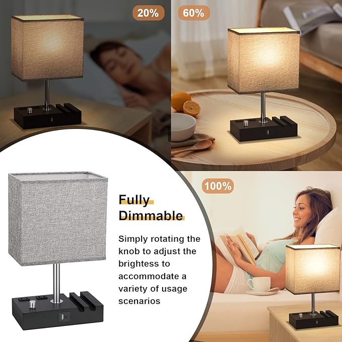 Kakanuo Fully Dimmable Bedside Lamps for Bedroom with USB C Ports, Grey USB Table Lamp Set of 2, Wooden Desk Lamp with 2 Charging Outlets and Phone Stand for Nightstand and Living Room, Bulb Included
