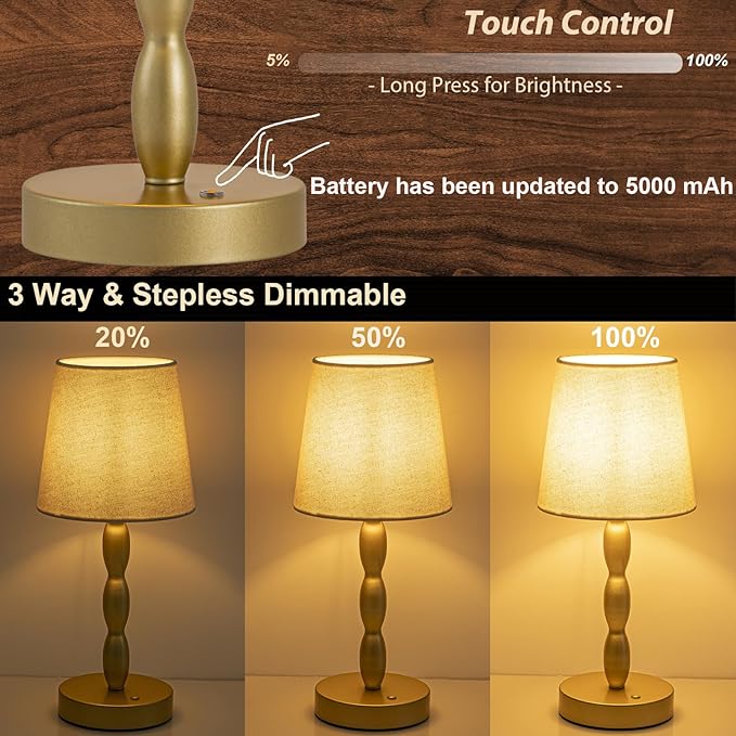 CASTLELIFE Portable Cordless Table Lamp,Touch Desk Lamp Rechargeable Battery Powered, 3-Level Brightness Stepless Dimmable Bedside Night Lamp,for Bedroom/Restaurant/Bars/Outdoor, Bulb Included,Gold