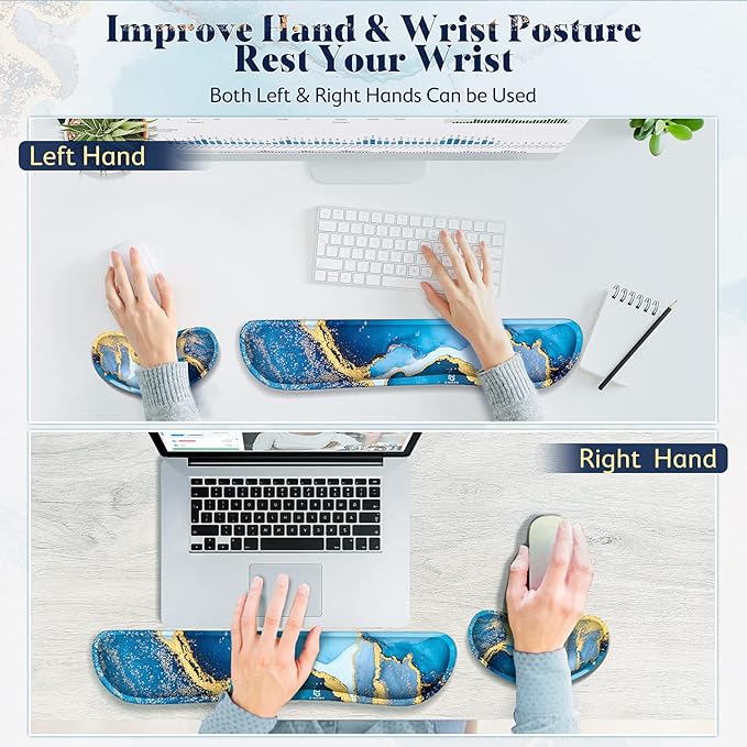 Gimars Upgrade Enlarge Gel Memory Foam Set Keyboard Wrist Rest Pad, Mouse Wrist Cushion Support for Office, Computer, Laptop, Mac, Comfortable, Lightweight for Easy Typing, Blue Gloden