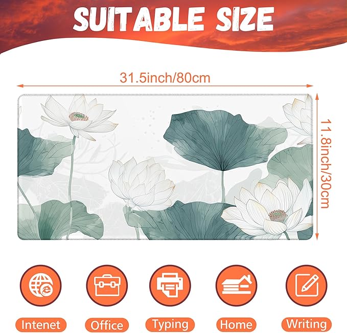 Desk Mat, Watercolor Lotus Painting Desk Pad, White Lotus Large Gaming Mouse Pad for Desk, 31.5"x15.7" Extended Big Computer Keyboard Mouse Pad with Non-Slip Base and Stitched Edge