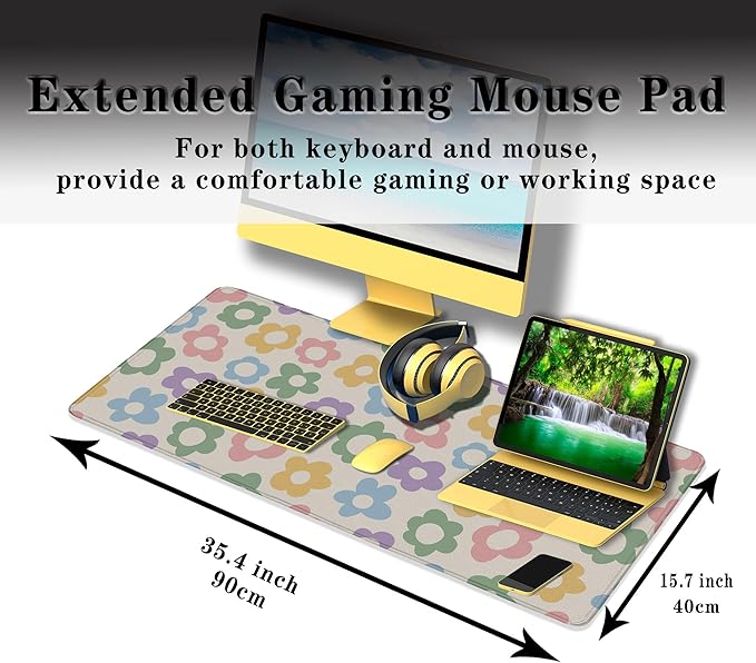 Computer Mat Jumbo Mouse Pad Extra Large Mouse Pads Desk Pad for Woman Gaming Mousepads Modern Desk Pad Non-Slip Rubber Base 35.4" X 15.7" for Game Office, Colorful Groovy Flowers