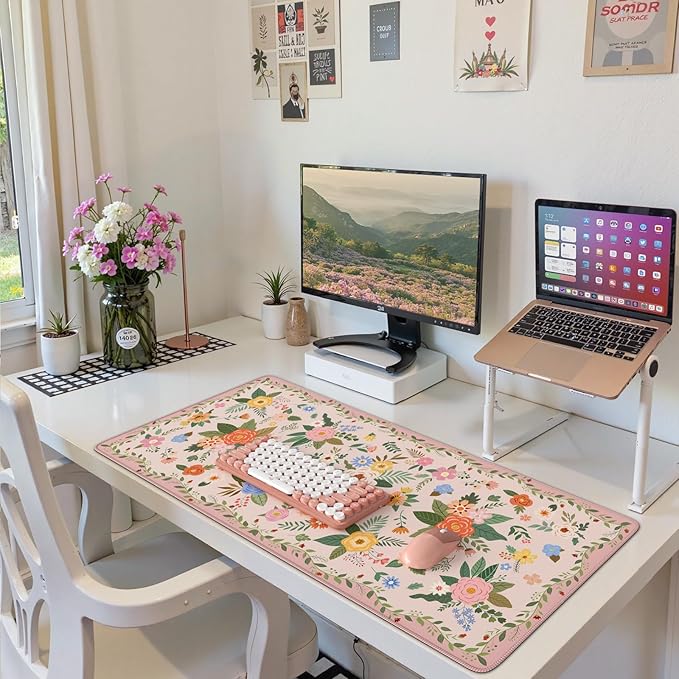 HAOCOO Pink Floral Desk Matt for Desktop, Waterproof Cute Desk Pad Mat, Cute Keyboard Mat, Non-Slip Mouse Pad with Stitched Edges, Computer Mat for Desktop