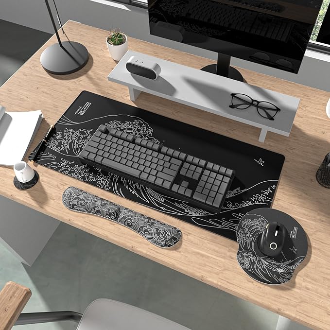 Ovenbird Mouse Pad Set 4-in-1 | Large Gaming Mousepad, Keyboard Wrist Rest, Mouse Wrist Support, Coaster | Ergonomic Office Desk Mat Accessories for Women Men | 4PCS, 35.4 x 15.7in, Great Wave Black