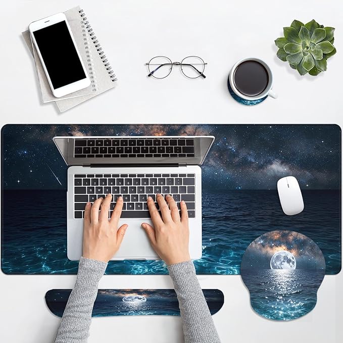 Arttown Moonlight Night Desk Mat Seascape Mouse Pad Set 4 in 1 Romantic Wave Ergonomic Design Large Desk Pad + Keyboard Wrist Rest + Mouse Wrist Rest + Coaster Suitable for Home Office Study Game