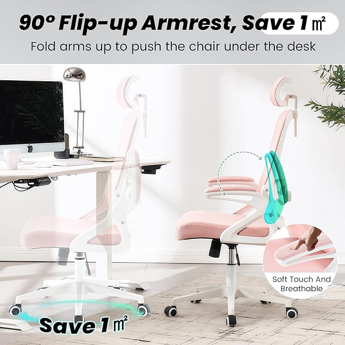 Fizzin Ergonomic Office Chair, 400 LBS Desk Chair with Adjustable Lumbar Support, High Back Breathable Mesh Computer Chair Rolling Work Swivel Task Chairs, Comfy Home Office Desk Chair (Pink)