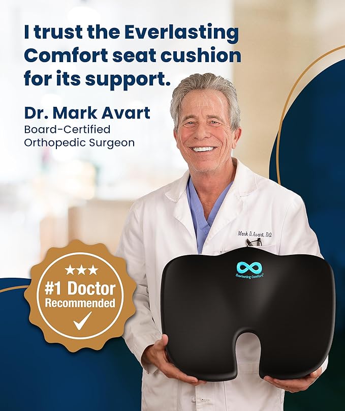 Everlasting Comfort Doctor Recommended Memory Foam Seat Cushion for Office Chairs & Car - Ergonomic Office Desk Accessories - Cushions for Tailbone Support, Sciatica (Black, Large)