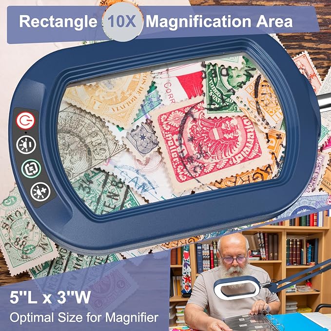10X Extra Long Magnifying Glass with Light and Clamp, Real Glass, 5 Color Modes, Stepless Dimmable, Dual 16-inch Swing Arm, Lighted Magnifier Hands Free for Close Work, Craft, Reading, Painting, Blue