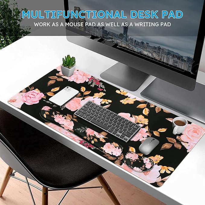 iCasso Keyboard Mouse Pad Set, Extended Gaming Mouse Pad + Keyboard Wrist Rest Support, Memory Foam, Easy Typing & Comfort, 3Pcs (35.4×15.7 in) Large Ergonomic XXL Thick Mousepad Desk Mat
