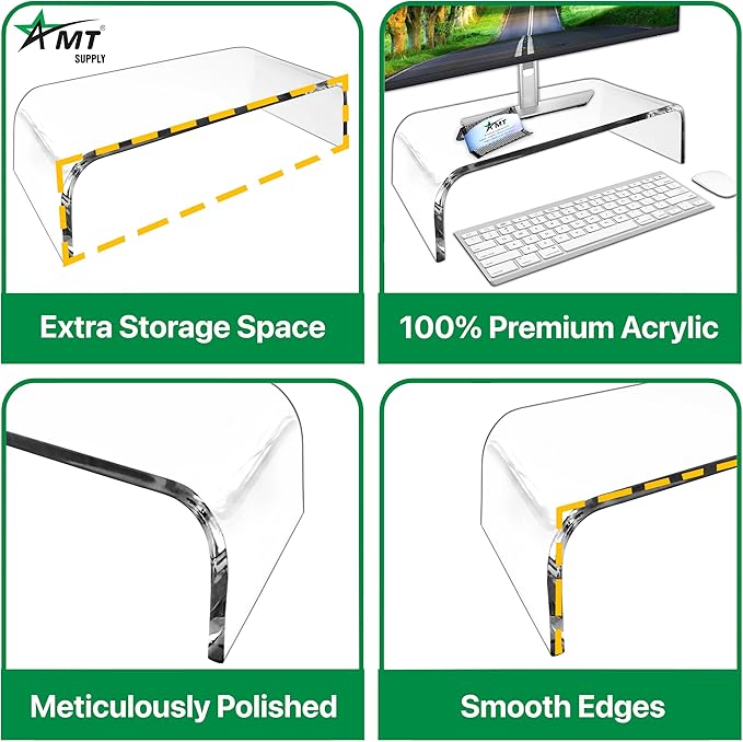 AMT 2 Pack Acrylic Laptop Monitor Stand & Computer Riser with Cat Keyboard Protector, Space-Saving Design, Extra Storage, Clear Shelf - Ideal for Monitors, Laptops, Printers, Desktop Decor