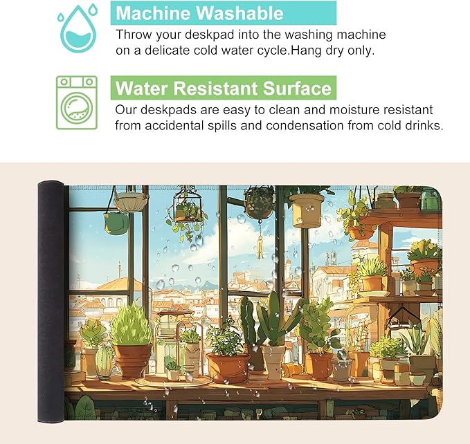 Desk Mat, XXL Extended Gaming Pad for Desktop, 35x16 Inches Cat Lover Kitty in Window with Houseplants, Large Non-Slip Vegan Leather Surface with Stitched Edges, Keyboard Mouse Mat for Home Office