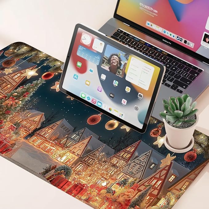 Desk Mat, XXL Extended Gaming Pad for Desktop, 31x12 Inches Village with Trees and Lights, Large Non-Slip Vegan Leather Keyboard and Mouse Mat for Home Office