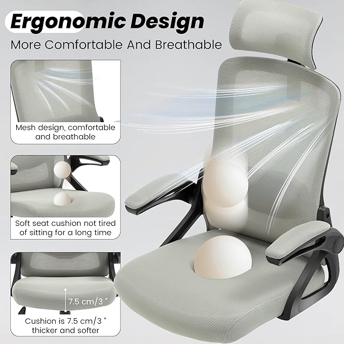 Fizzin Ergonomic Office Chair, 400 LBS Computer Chairs with Adjustable Lumbar Support, Breathable Mesh Desk Chair Ergonomic with Thickened Cushion, Comfy Home Office Desk Chair (Dark Gray)