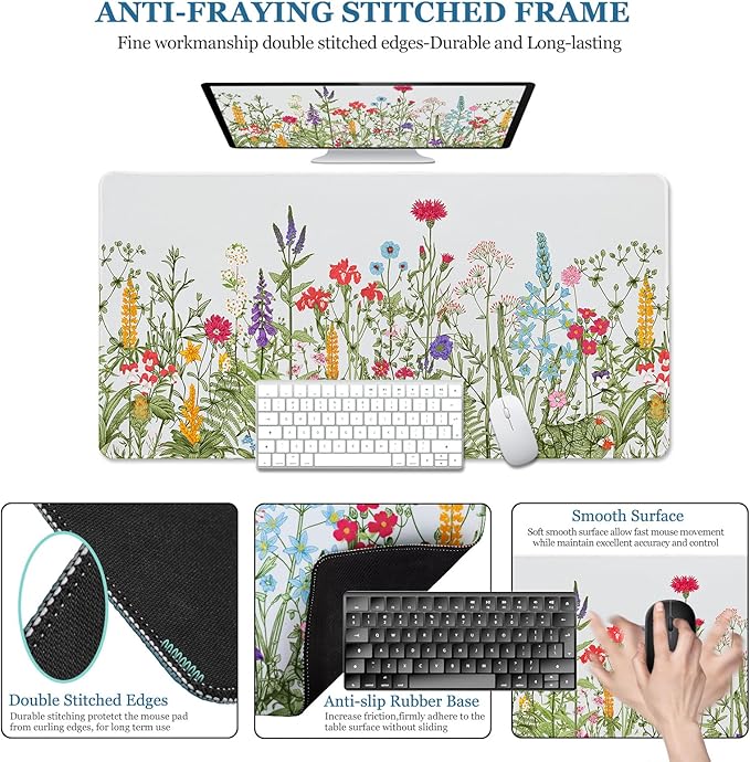 Desk Pad Sage Green Botanical Flowers, Desk Mat for Desktop, XXL Large Gaming Mouse Pad, Non-Slip Rubber Base Stitched Edges Waterproof Keyboard mat for PC Game, Laptop, Computer, Work, Office, Floral