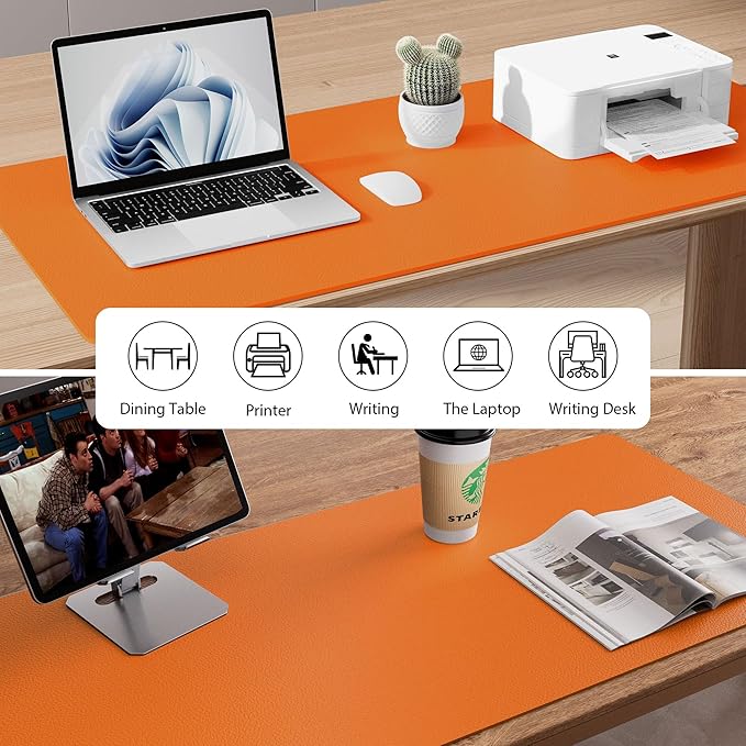 Aothia Faux Leather Desk Mat – Large Mouse Pad, Non-Slip PU Leather Blotter, Waterproof Writing Surface for Office and Home (Orange, 47.2" x 23.6")