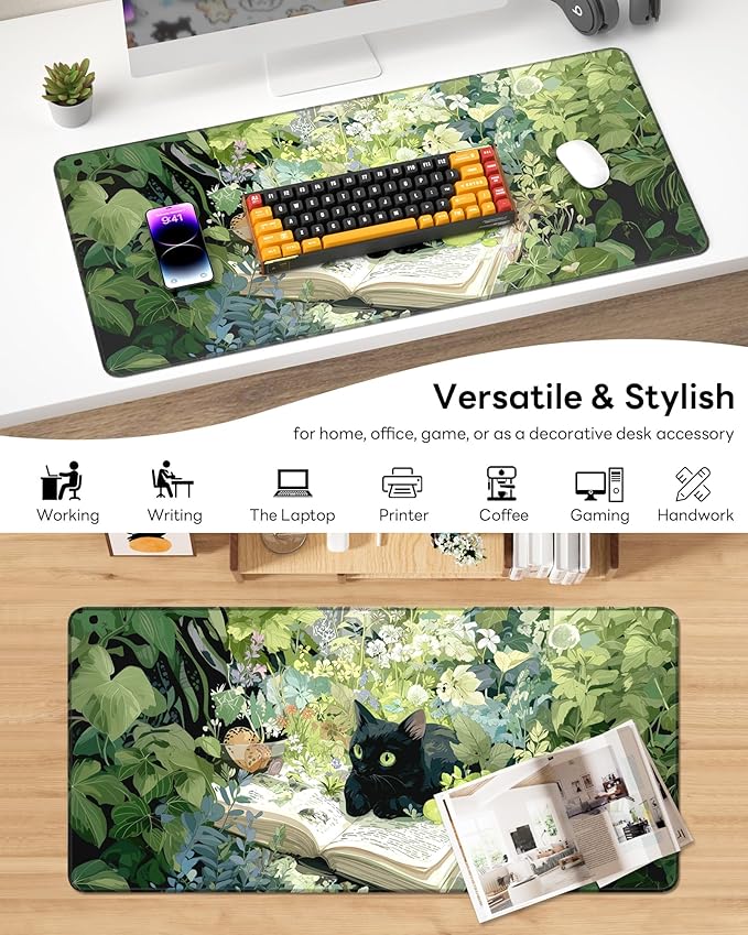 XL Gaming Mouse Pad, 31.5x15.7'' Large Desk Mat with Anti-Slip Rubber Base & Stitched Edges for Gaming, Office, Home, Reading Cat