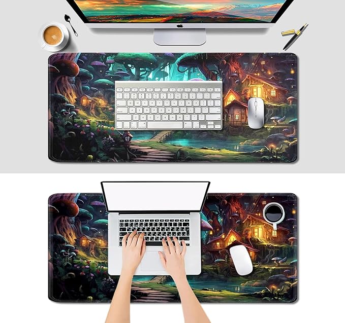IMAYONDIA Mushroom Anime Desk Mat (35.4x15.7 in), Fairy Forest Large Gaming Mouse Pad for Laptop Computer, Tabletop Magic Desktop Mat, Fantasy Art Play Mats, Mousepad Extra Large